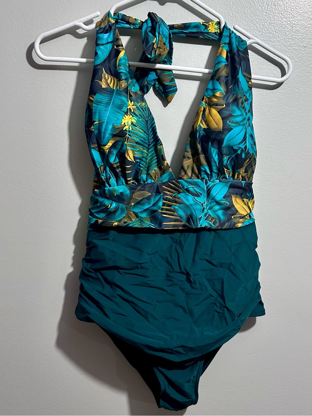 Teal Tropical Halter One-Piece Swimsuit Size L (1429)